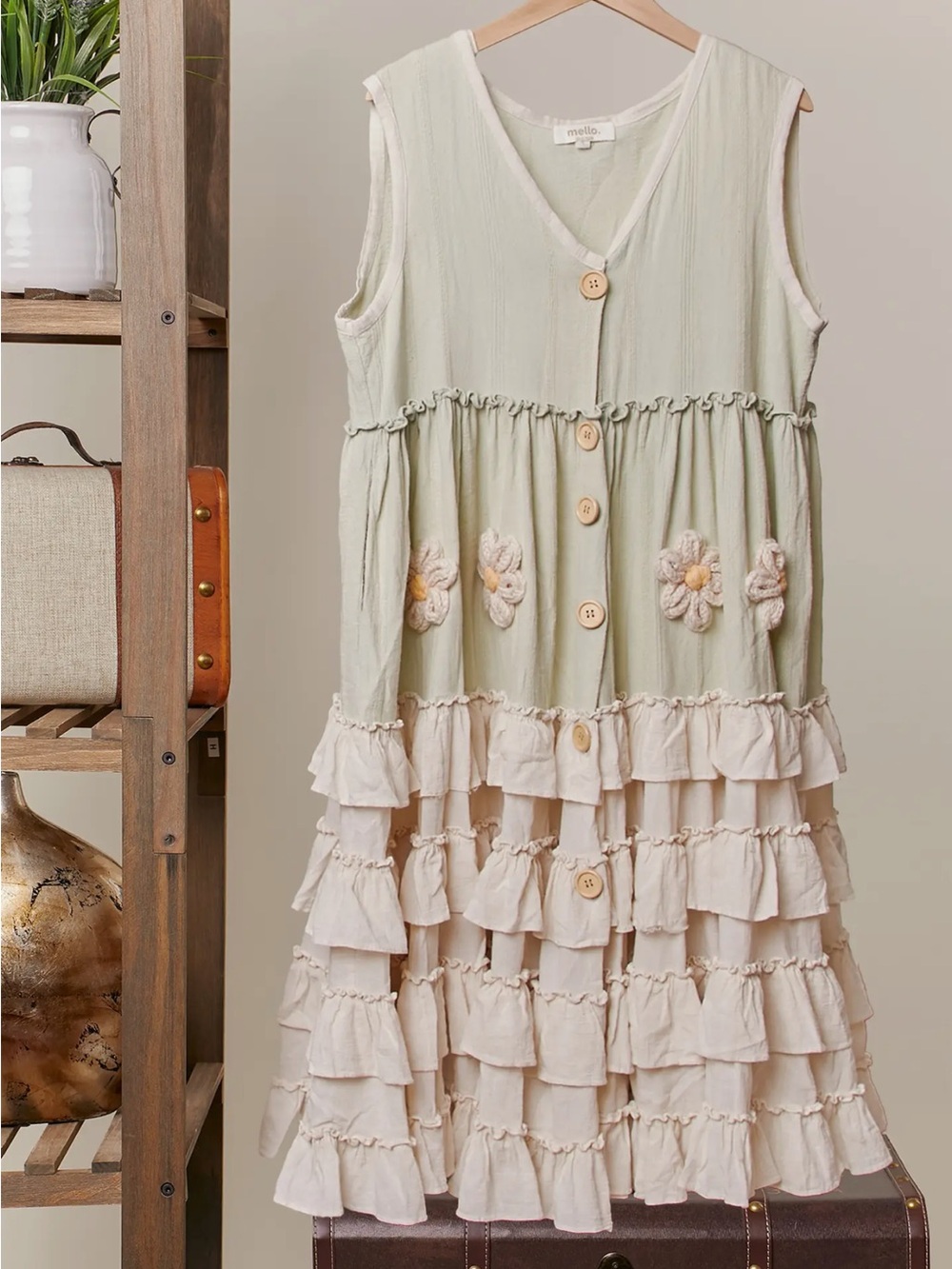 Ruffle Tiered Daisy Dress in Sage and Cream